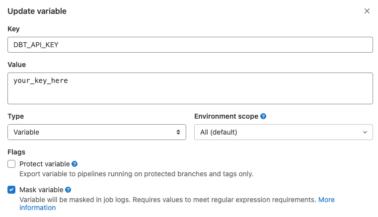 [View of the GitLab window for entering DBT_API_KEY